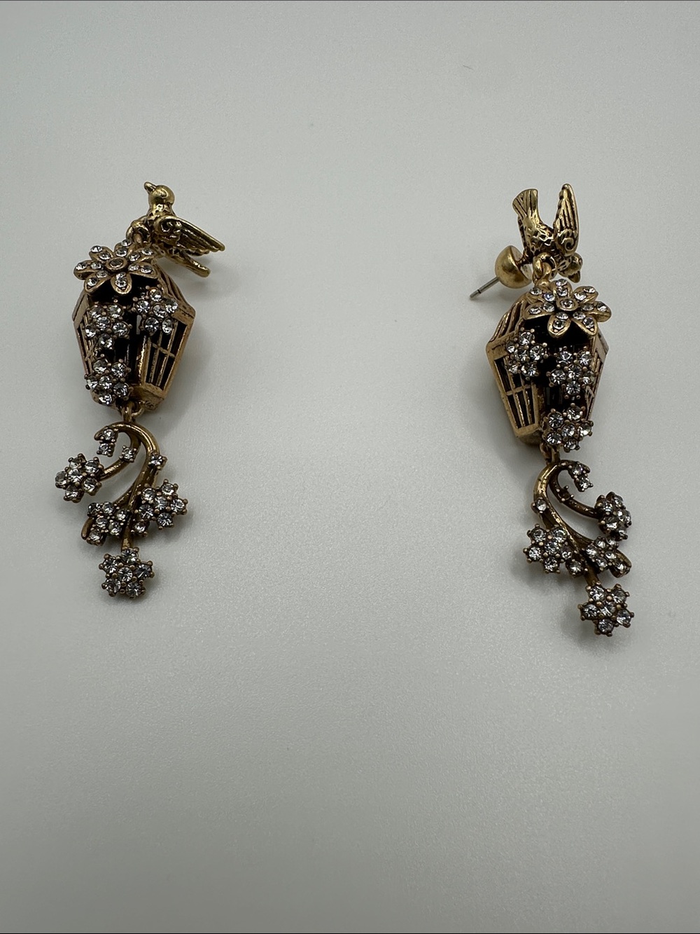 Gold-Tone Floral Birdcage Drop Earrings with Clear Crystals